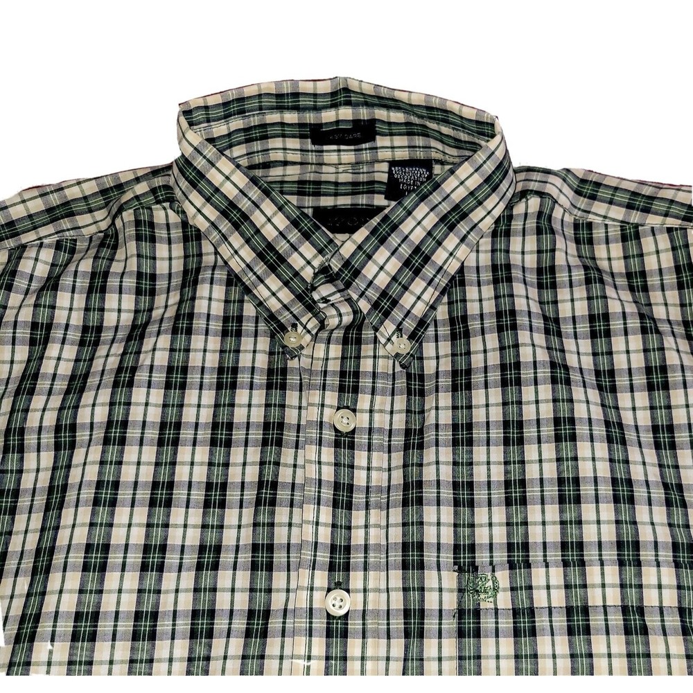 IZOD Men's Large Shirt Plaid Blue Green White Button Down Long Sleeve Easy Care
